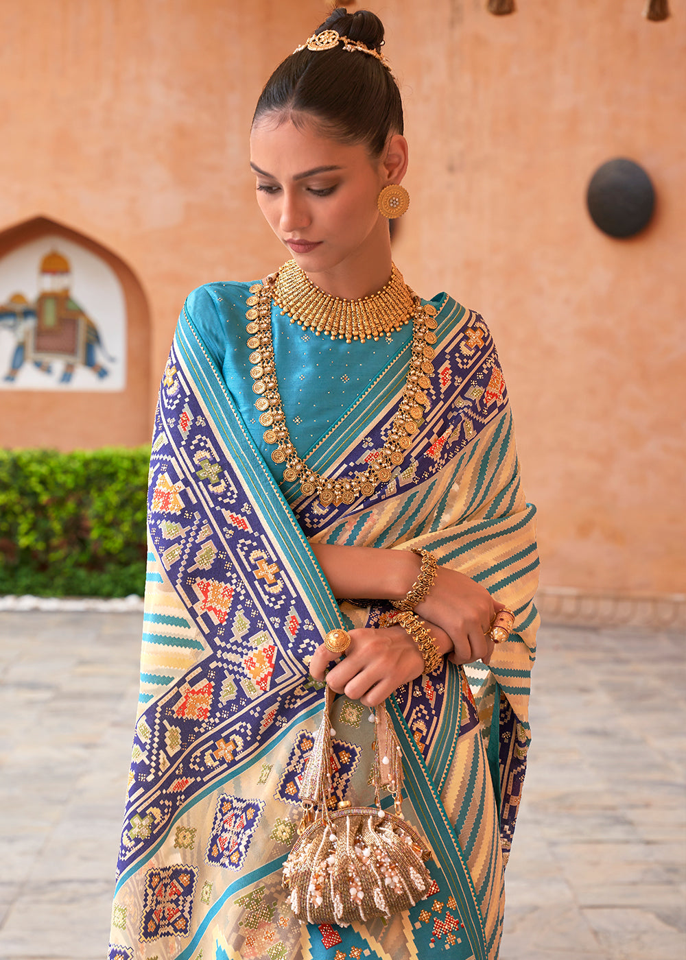 Blue & Light Yellow Patola Printed Tissue Silk Saree with Designer Blouse