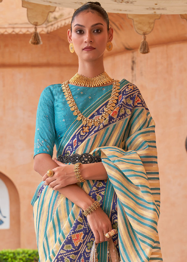 Blue & Light Yellow Patola Printed Tissue Silk Saree with Designer Blouse