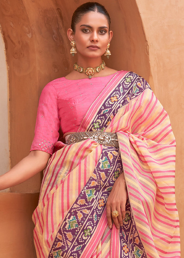 Pink & Light Yellow Patola Printed Tissue Silk Saree with Designer Blouse