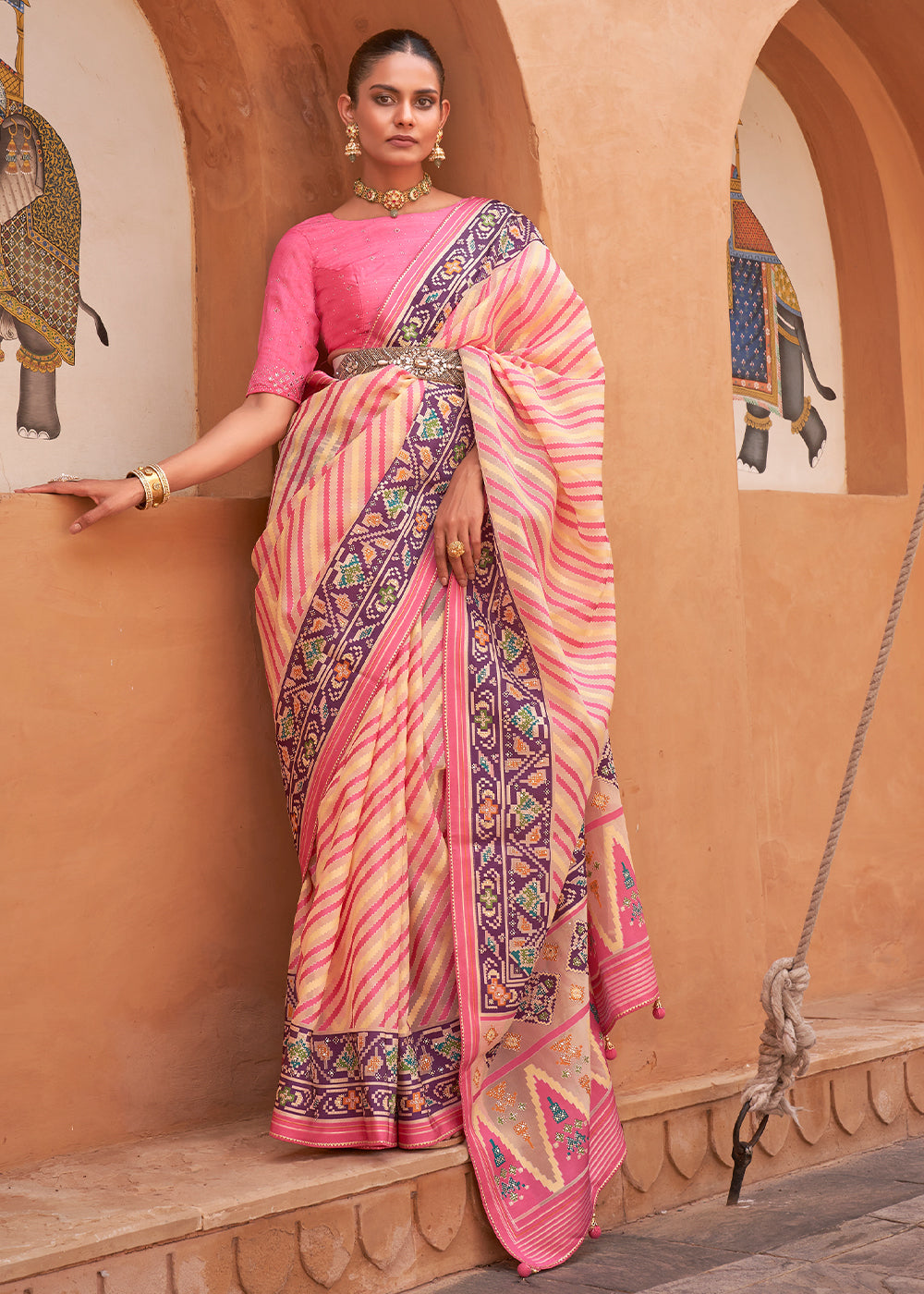 Pink & Light Yellow Patola Printed Tissue Silk Saree with Designer Blouse
