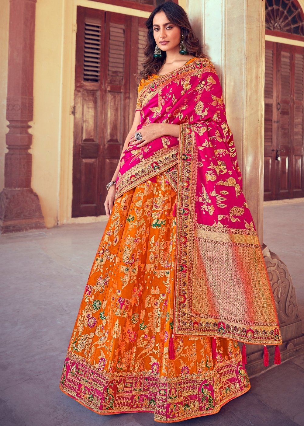Pumpkin Orange & Pink Banarasi Silk Lehenga Choli with Khatli work Embroidery