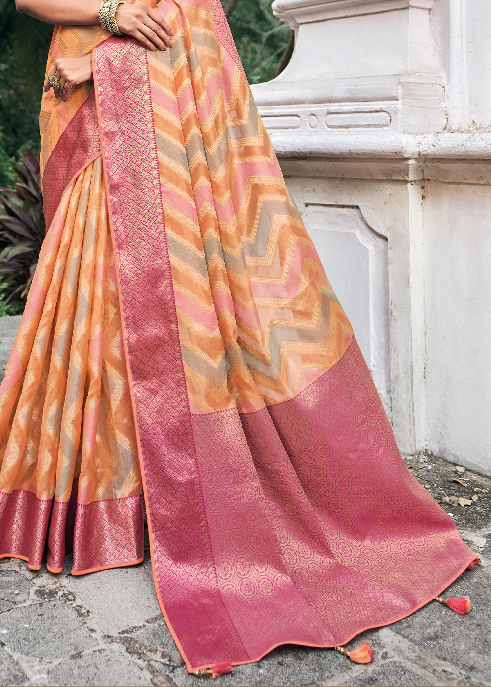 Shades Of Orange Zari Woven Organza Silk Saree