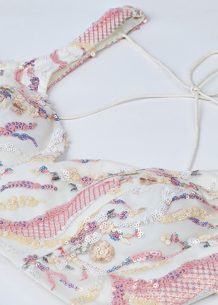 Cream White Net Lehenga Choli With Sequins & Thread Embroidery Work