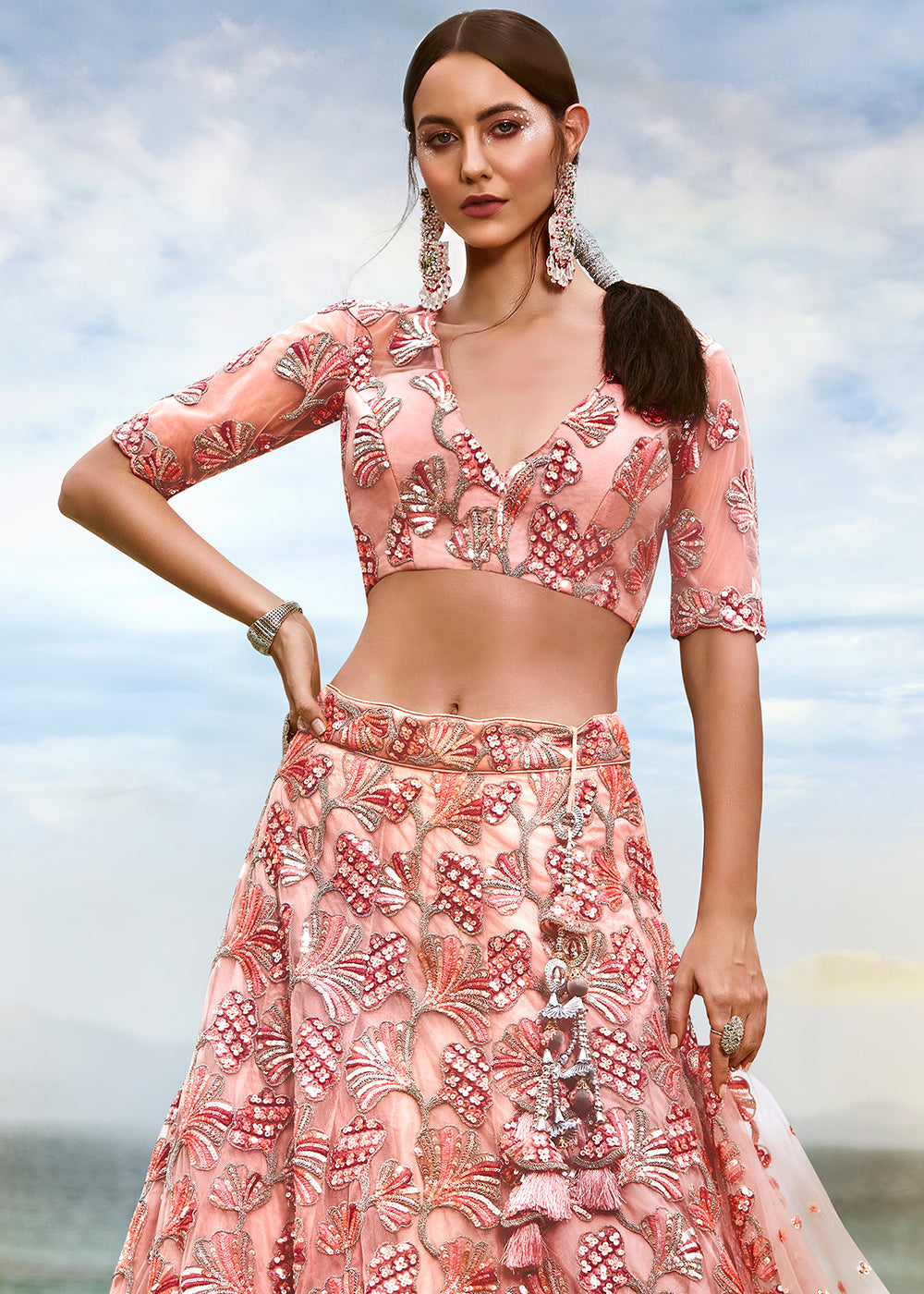 Coral Pink Net Lehenga Choli with Thread Embroidery & Sequins work