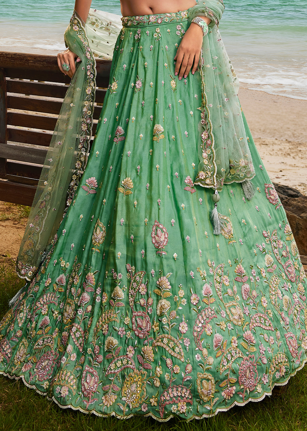 Sea Green Georgette lehenga Choli with Thread Embroidery, Zarkan & Sequins work