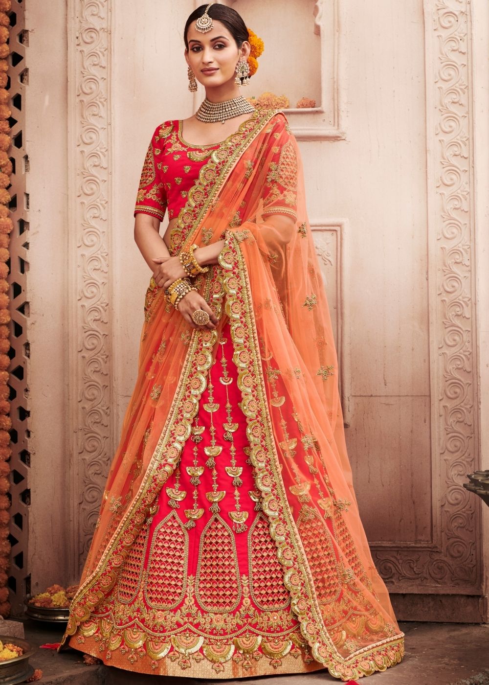 Punch Pink Silk Bridal Lehenga Choli with Heavy Thread Embroidery and Stone work