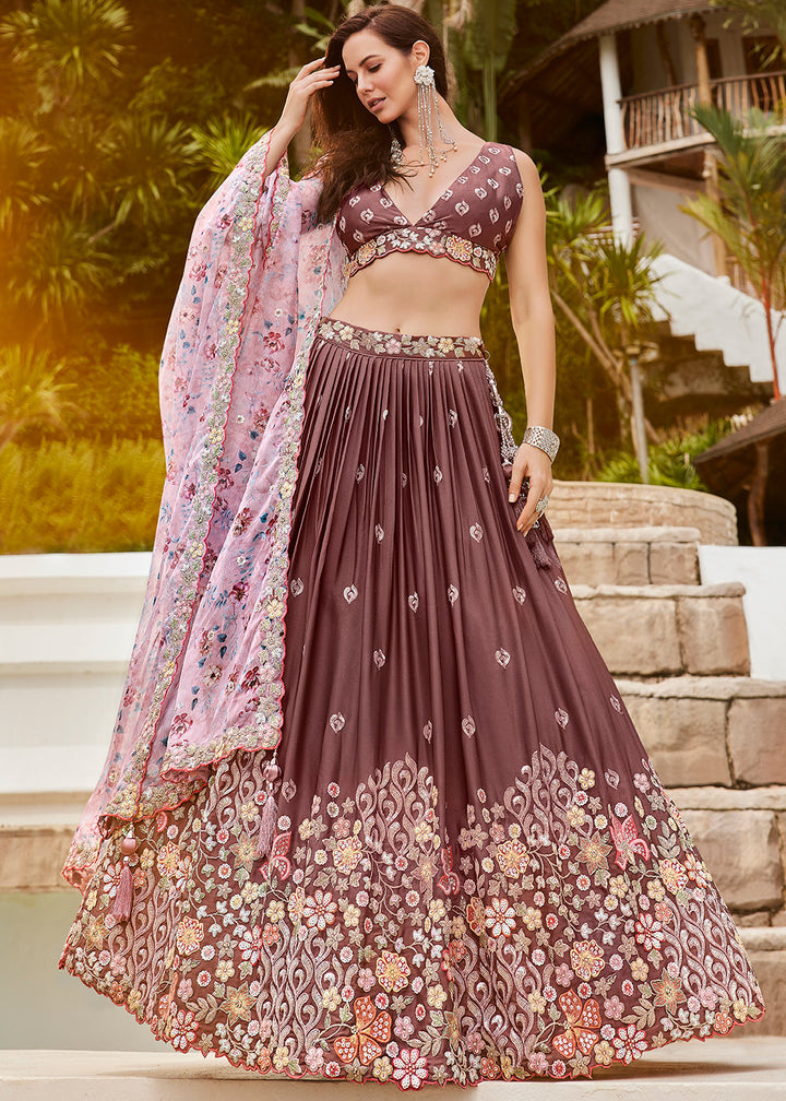 Dark Rose Gold Georgette Lehenga Choli With Heavy Sequins Embroidery Work
