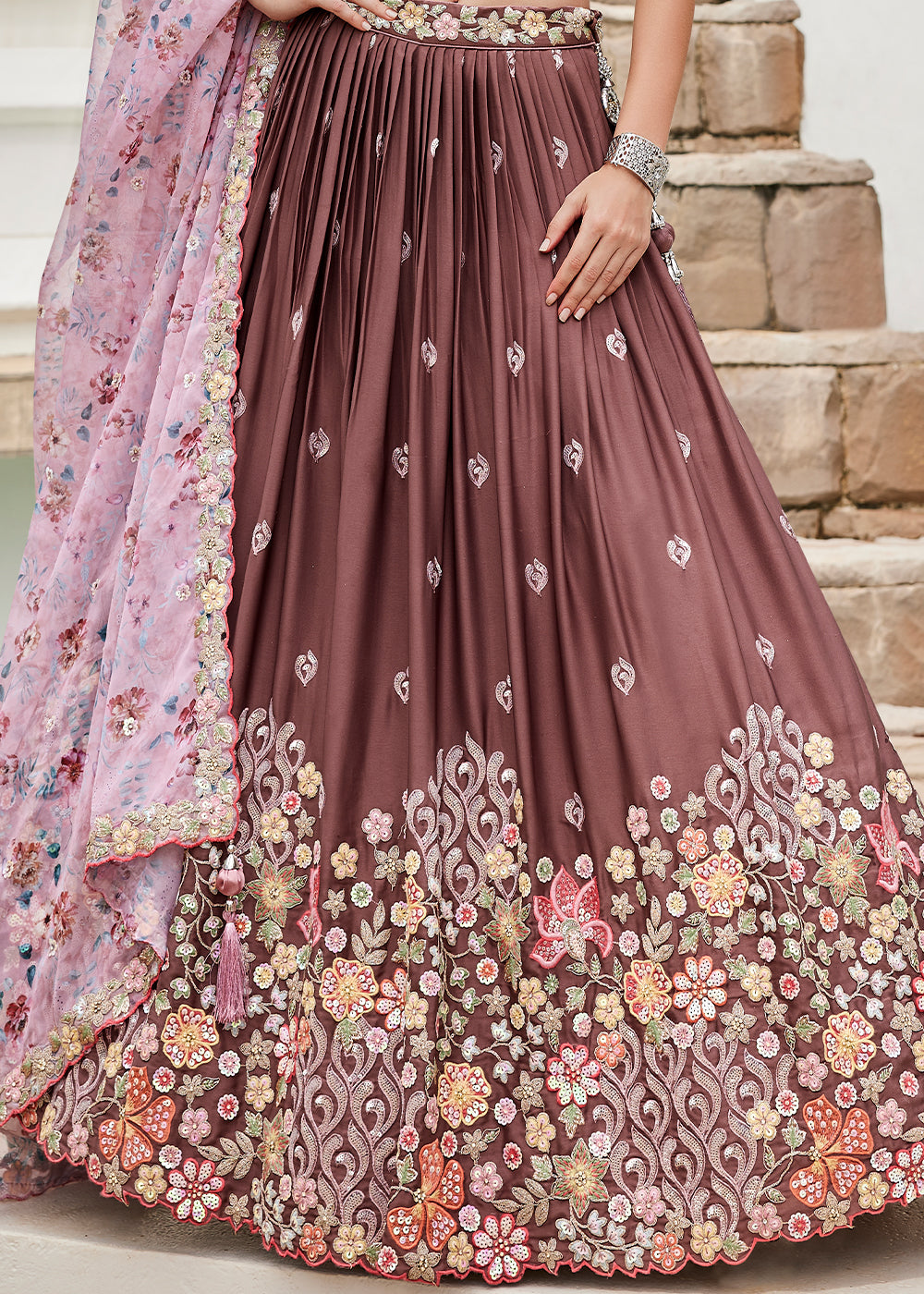 Dark Rose Gold Georgette Lehenga Choli With Heavy Sequins Embroidery Work