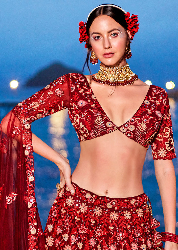Falu Red Net Lehenga Choli with Sequins,Mirror & Coding Thread Embroidery work