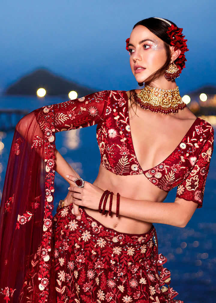 Falu Red Net Lehenga Choli with Sequins,Mirror & Coding Thread Embroidery work