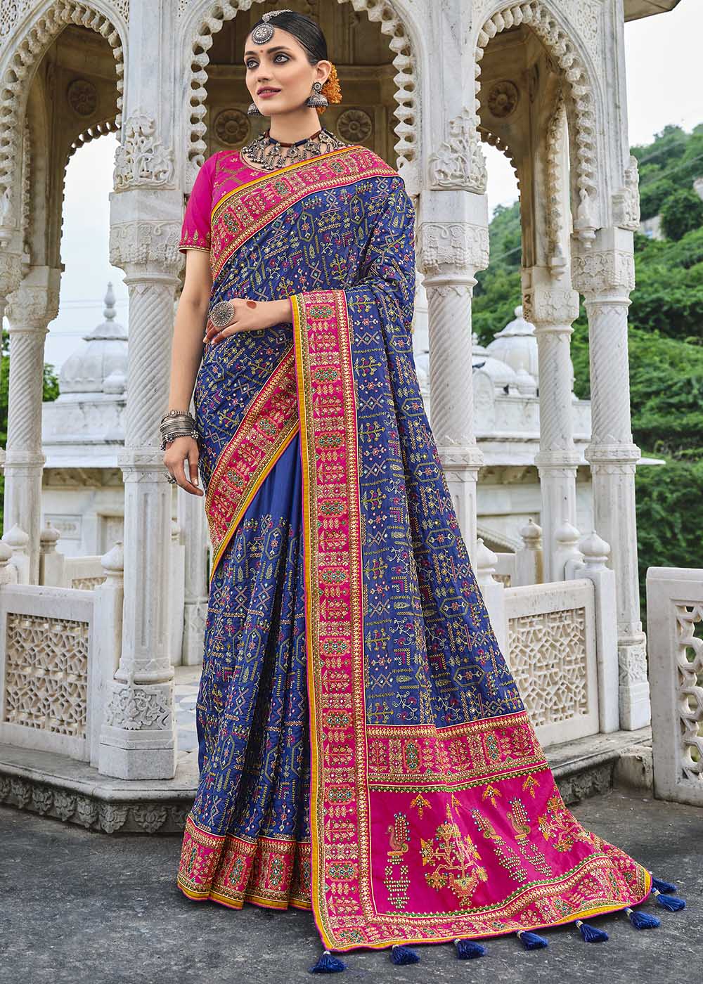 Azure Blue Banarasi Silk Saree with Mirror,Diamond & Pure Kachhi work