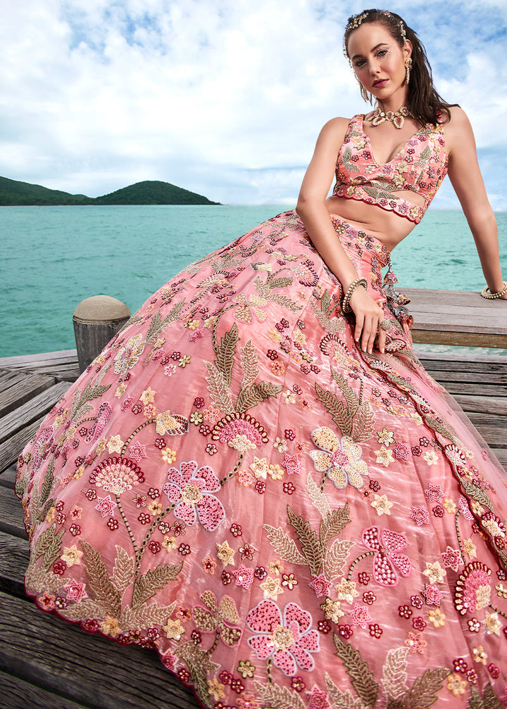 French Pink Organza Lehenga Choli With Sequins & Zarkan Embroidery Work