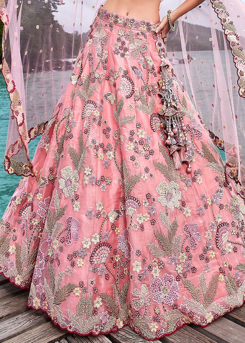 French Pink Organza Lehenga Choli With Sequins & Zarkan Embroidery Work