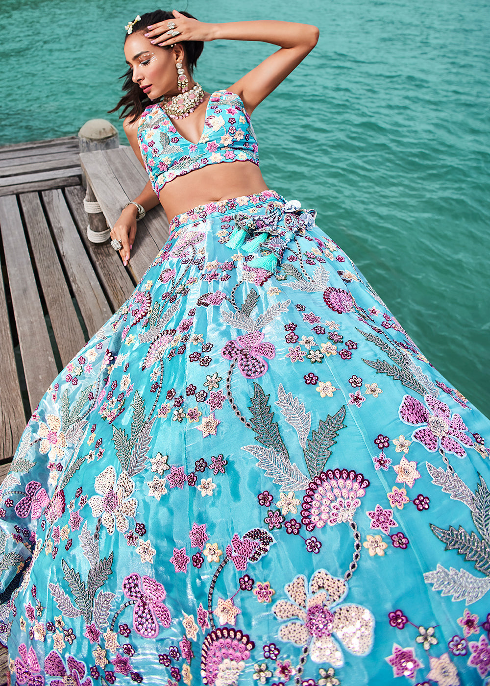 Aqua Blue Organza Lehenga Choli With Sequins & Zarkan Embroidery Work