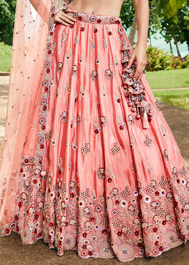 Peach Pink Georgette Lehenga Choli with Thread Embroidery, Zarkan & Sequins work