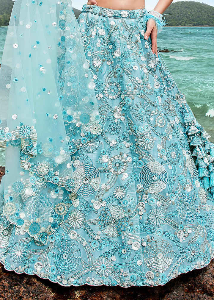 Aqua Blue Organza Lehenga Choli With Sequins, Zarkan & Thread Embroidery Work