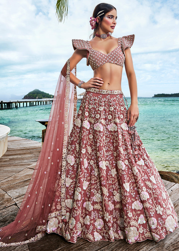 Rose Gold Georgette Lehenga Choli With Sequins & Zarkan Embroidery Work