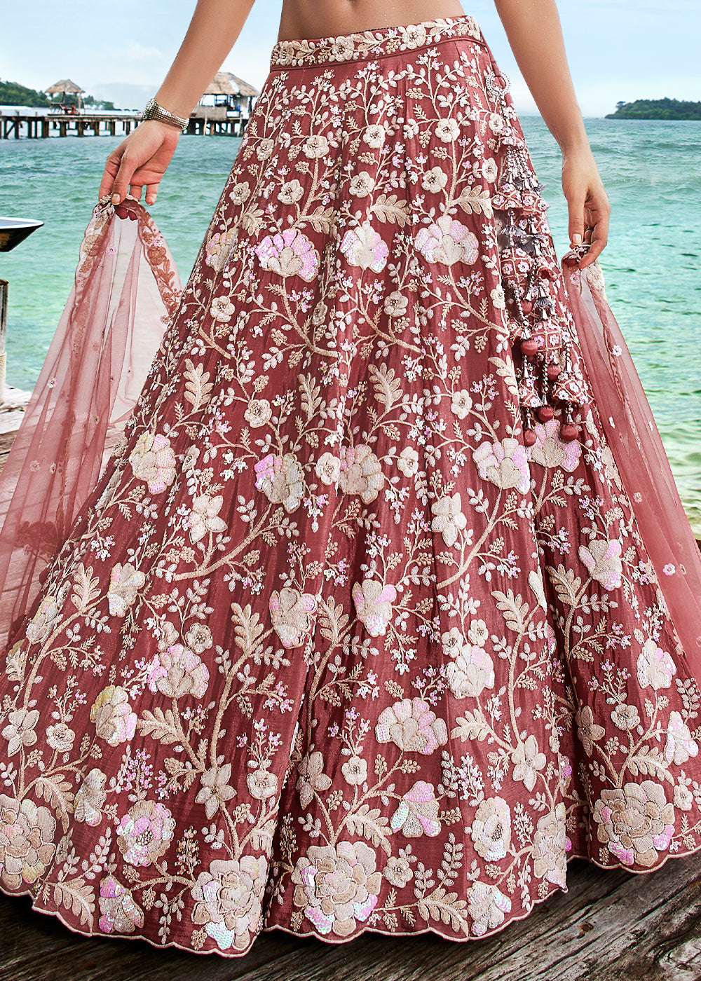 Rose Gold Georgette Lehenga Choli With Sequins & Zarkan Embroidery Work