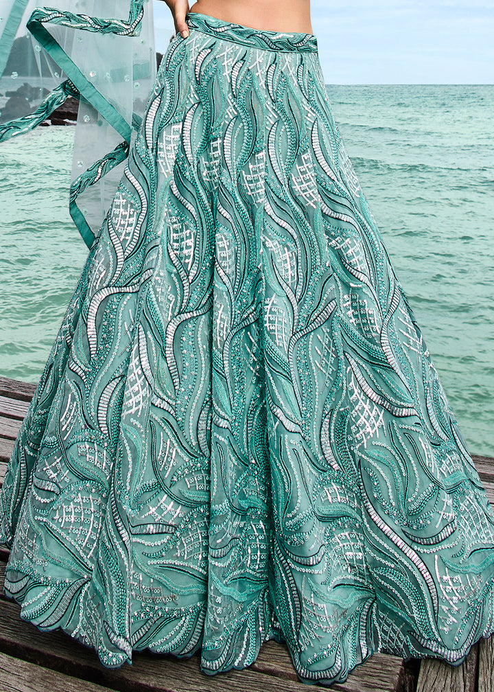 Shades Of Blue Net Lehenga Choli with Thread Embroidery, Zarkan & Sequins work