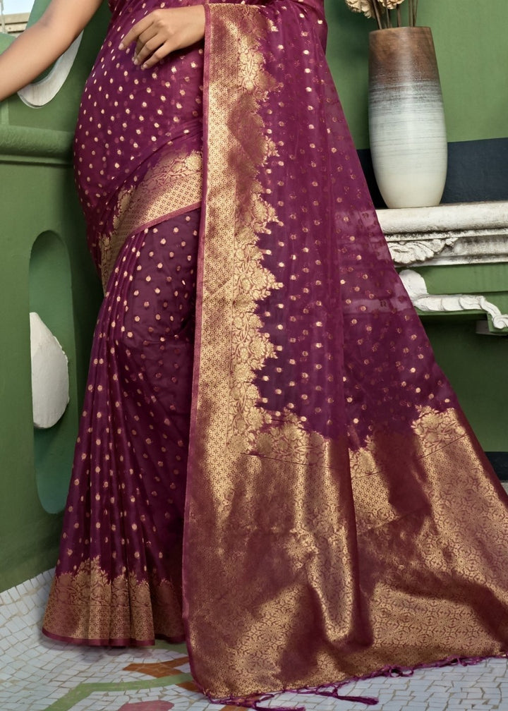 Plum Purple Zari Woven Organza Silk Saree