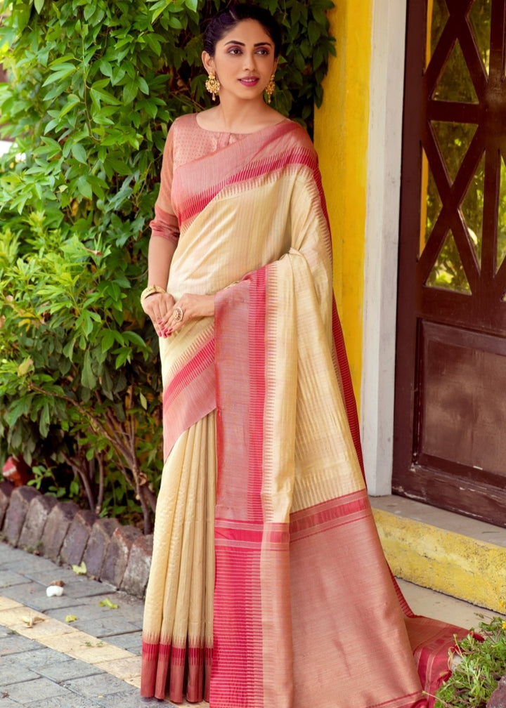 Creamy White Zari Weaving Silk Saree with Tassels on Pallu
