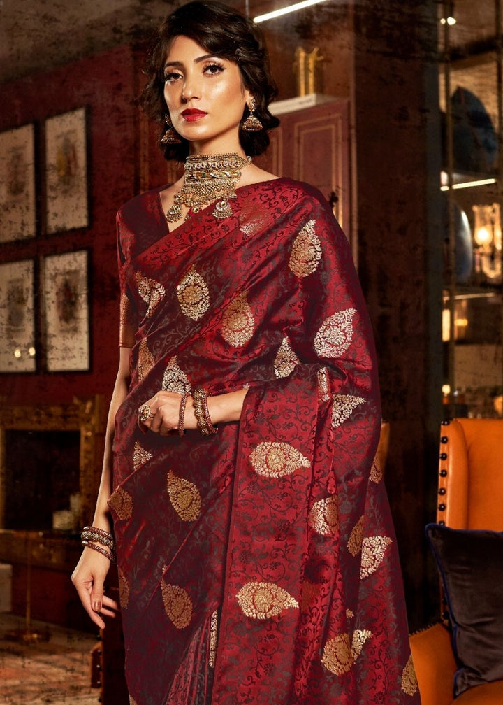 Wine Red Pure Satin Woven Silk Saree with overall Golden Buti