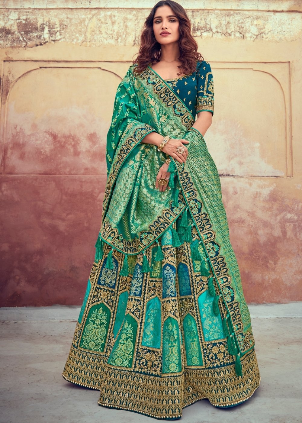 Jade Green Banarasi Silk Lehenga Choli with Khatli work Embroidery