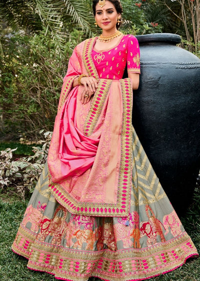 Pink & Grey Banarasi Silk Lehenga Choli