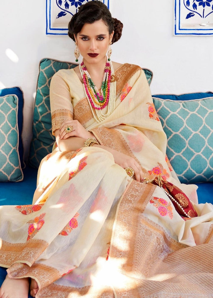 Light Cream Pure Linen Woven Silk Saree with Resham work