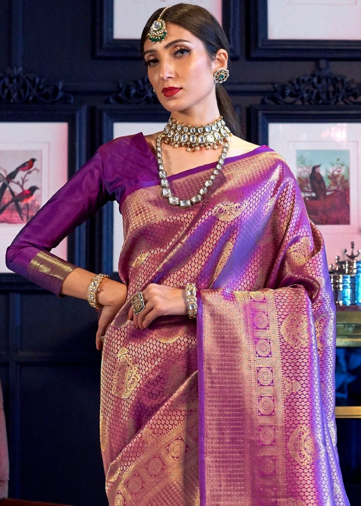 Golden Purple Kanjivaram Soft Woven Silk Saree