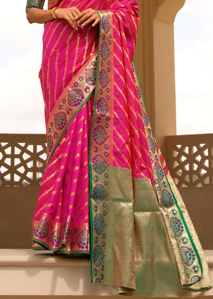 Hot Pink Woven Soft Banarasi Silk Saree with Contrast Pallu & Blouse