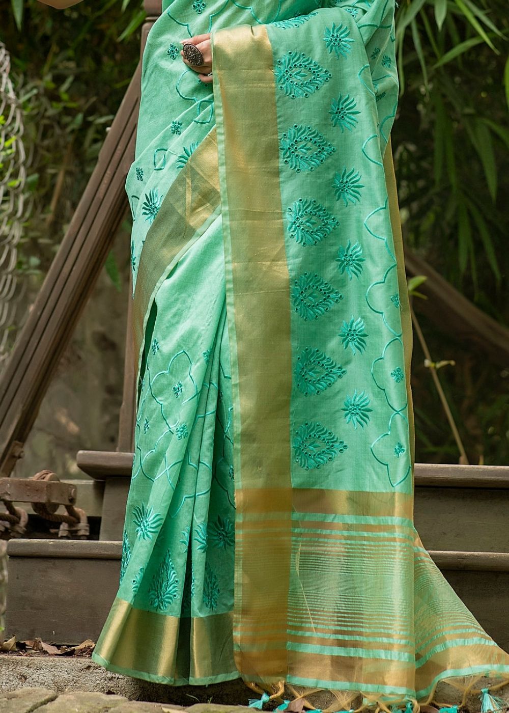 Seafoam Green  Assam Silk Saree with Cut-Work Embroidery