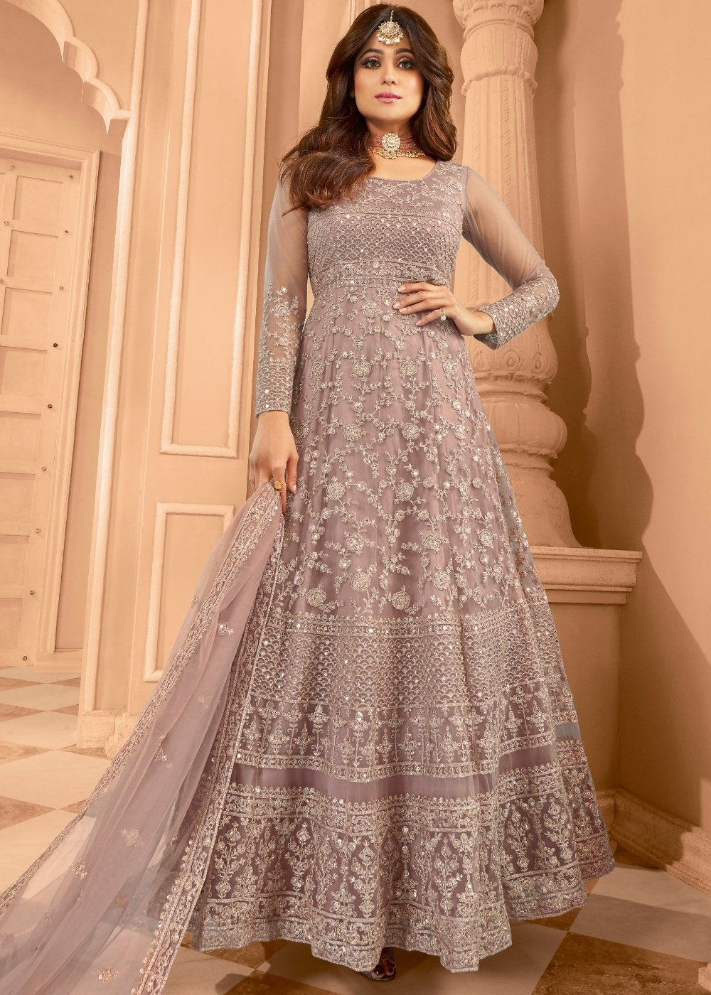 Onion Pink Soft Net Embroidered Anarkali Suit