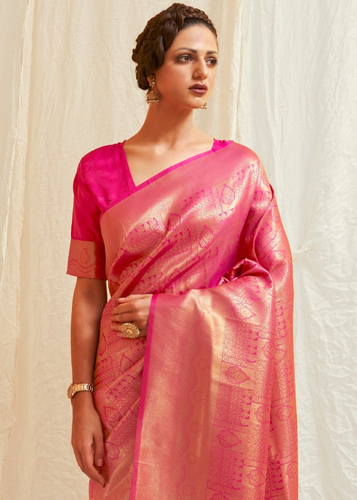 Hot Pink & Golden Blend Kanjivaram Silk Saree