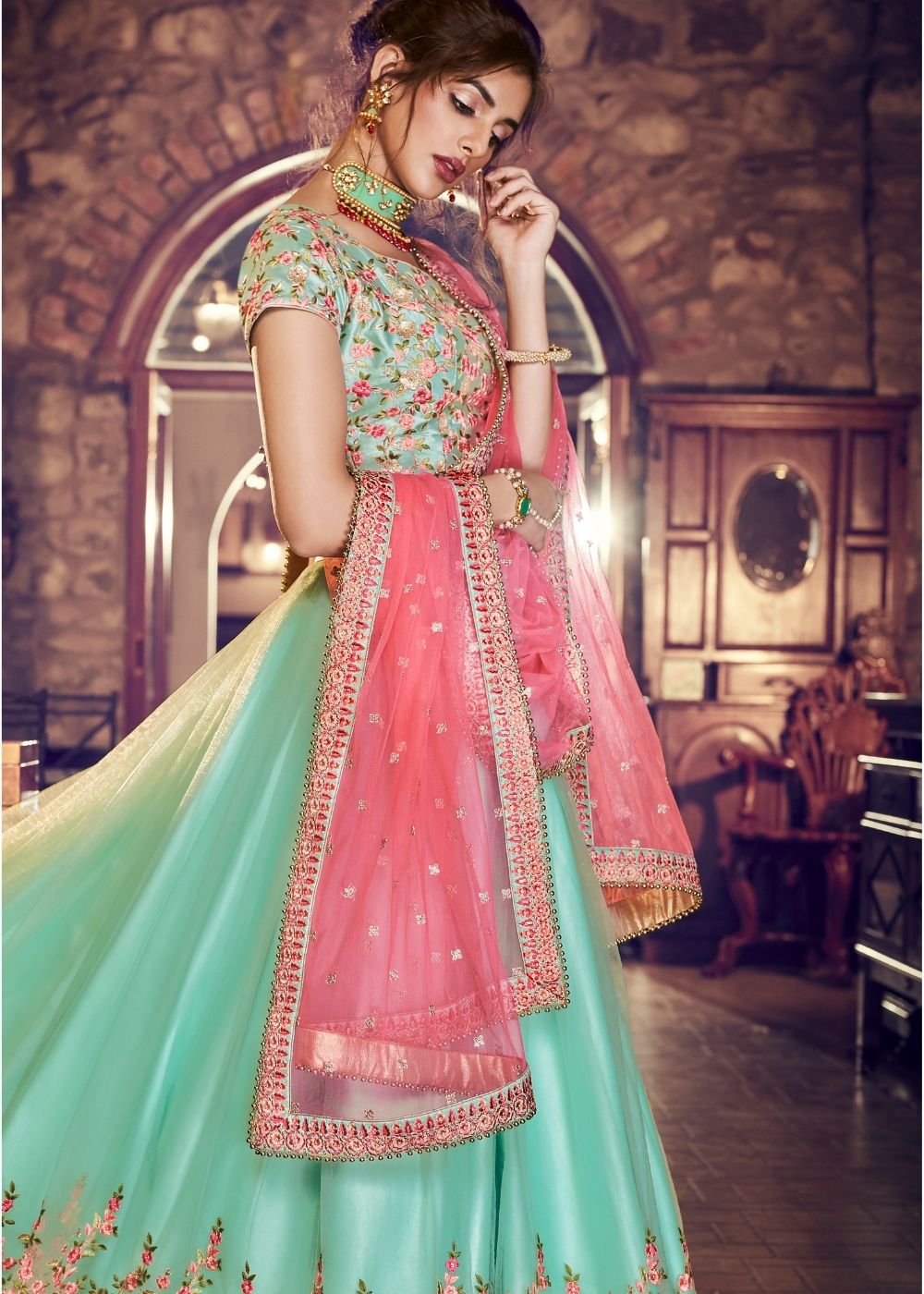 Sea Green Double Layered Satin and Net Lehenga with Floral Resham Embroidery work