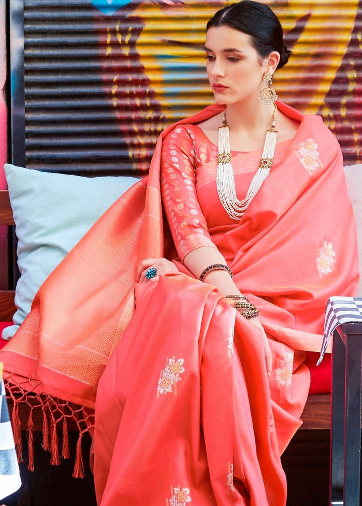 Candy Red Designer Wear Woven Banarasi Silk Saree
