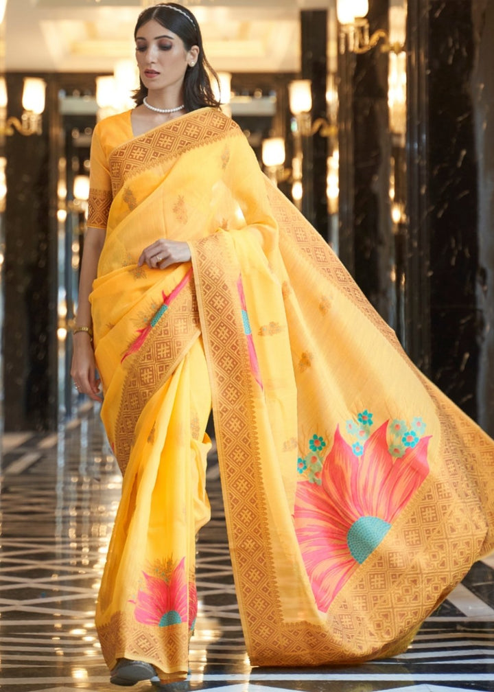 Saffron Yellow Zari Woven Linen Silk Saree