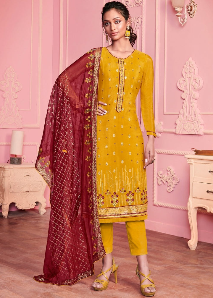 Mustard Yellow Georgette Salwar Suit with Thread & Zari Embroidery work
