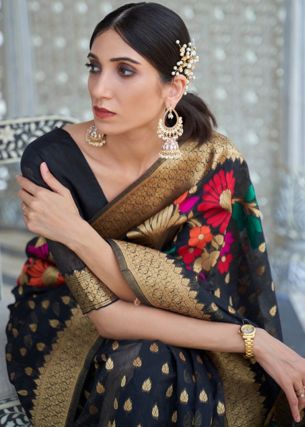 Onyx Black Floral Embroidered Linen Silk Saree