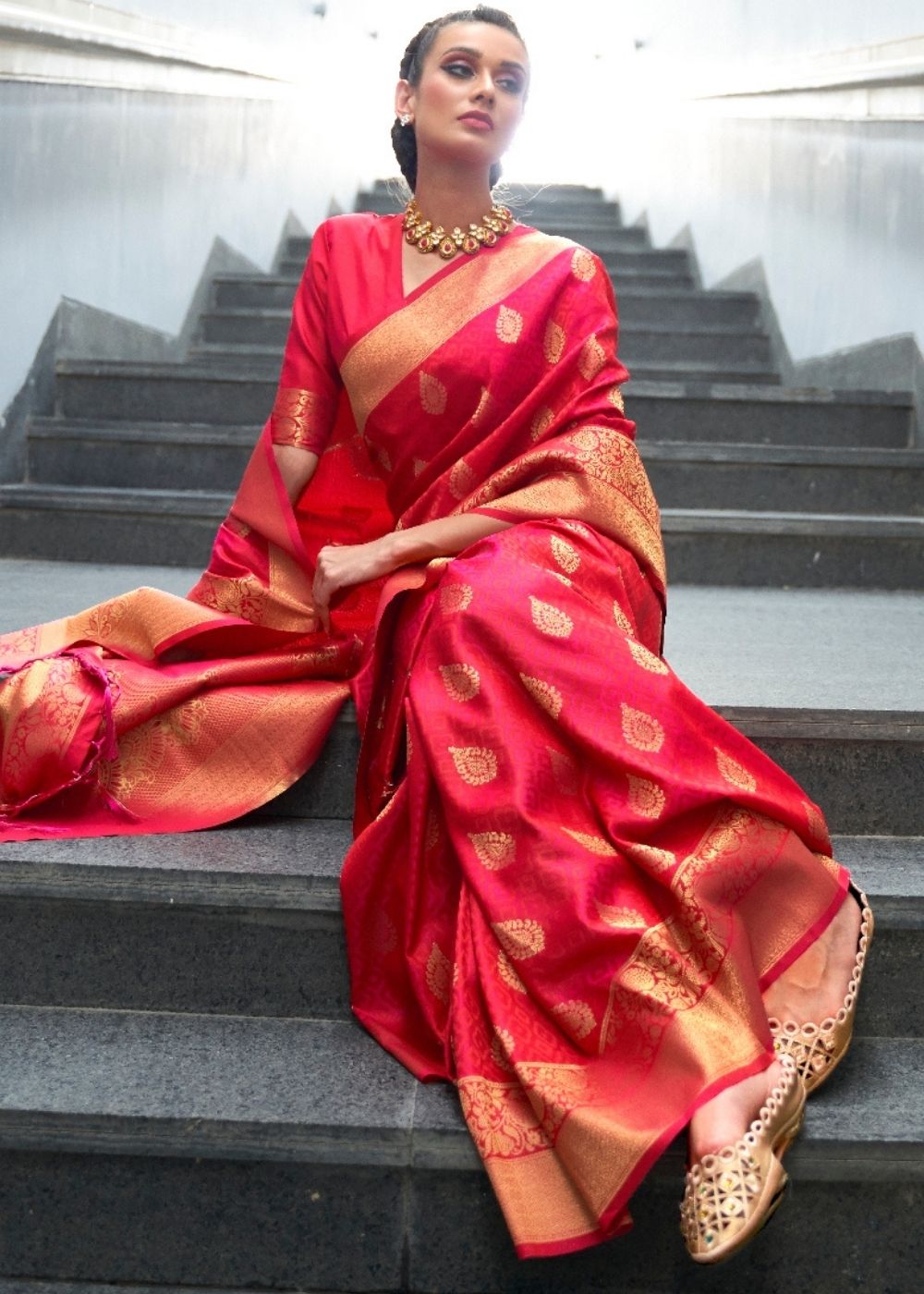 Ruby Pink Woven Banarasi Silk Saree with overall Butti