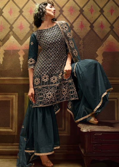 Rama Green Designer Soft Net Sharara Suit with overall Sequins work