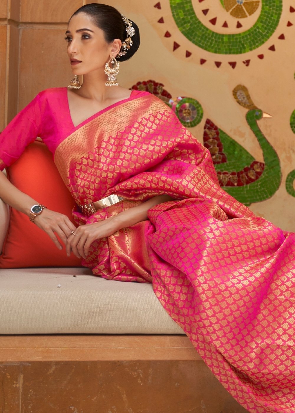 Hot Pink Zari Woven Kanjivaram Silk Saree
