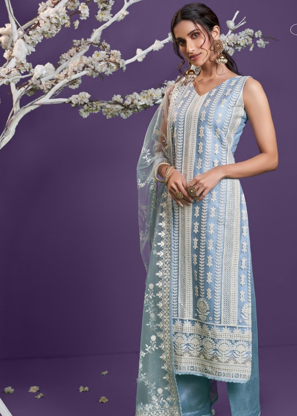 Zenith Blue Net Lucknowi Salwar Suit with Cotton Thread Embroidery & Sequence work
