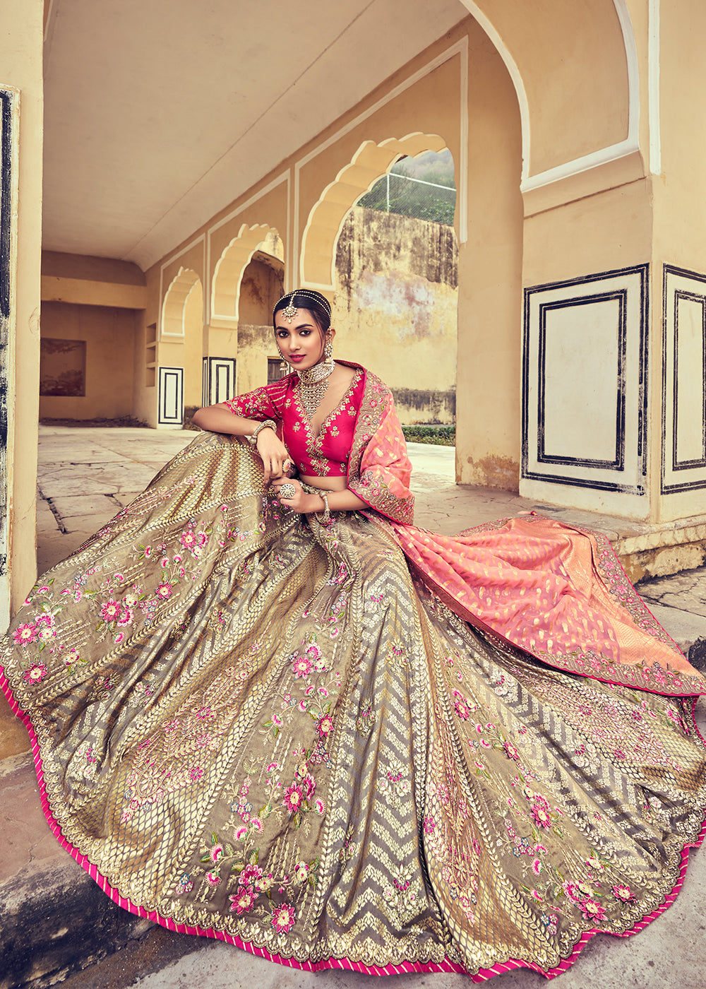 Grey & Pink Banarasi Silk Lehenga Choli with Khatli and Heavy Embroidered work