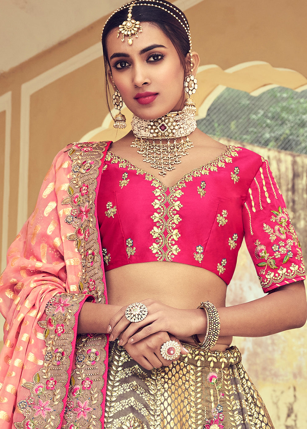 Grey & Pink Banarasi Silk Lehenga Choli with Khatli and Heavy Embroidered work: Top Pick