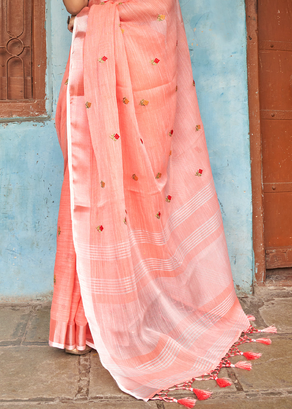 Coral Pink Floral Embroidered Linen Saree