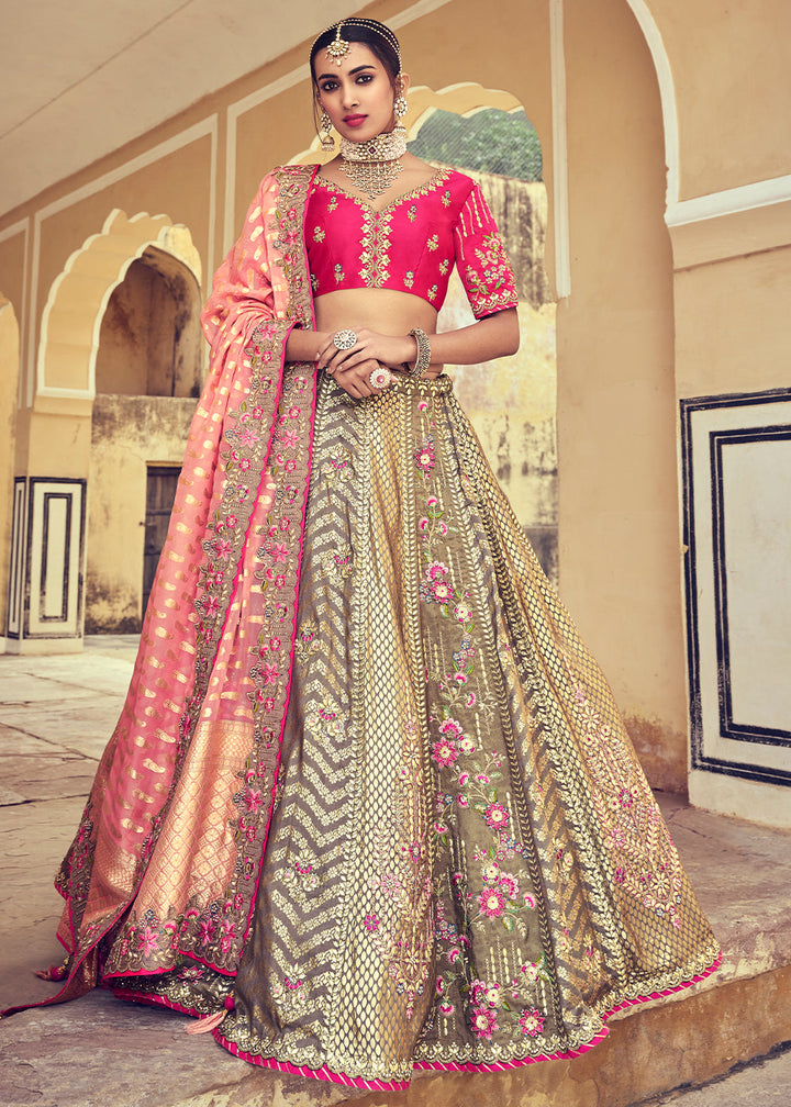 Grey & Pink Banarasi Silk Lehenga Choli with Khatli and Heavy Embroidered work: Top Pick