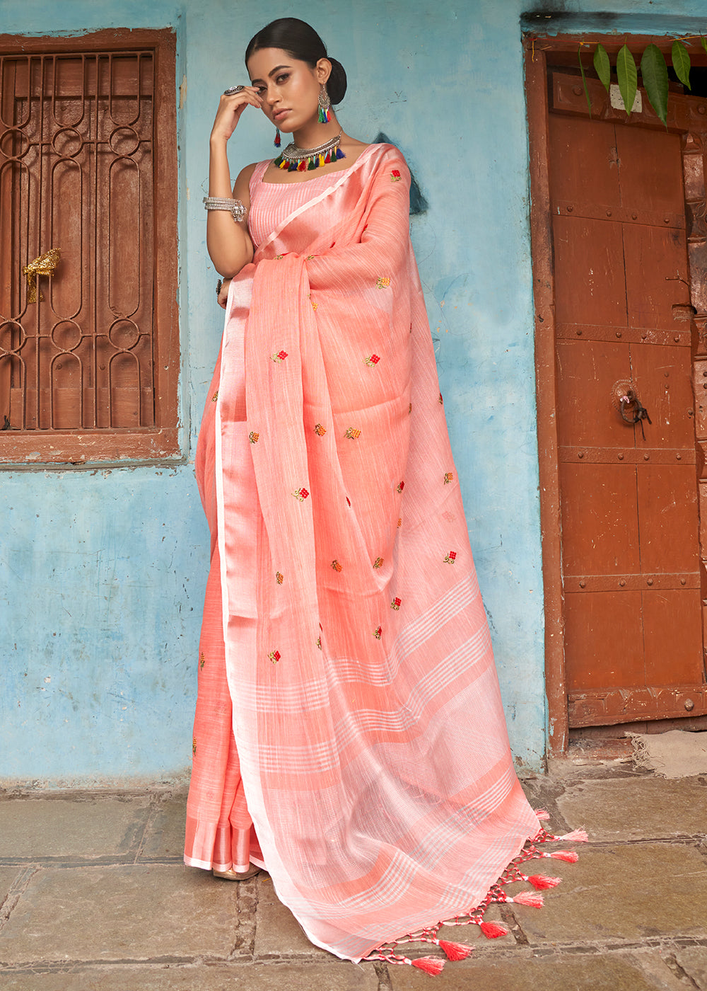 Coral Pink Floral Embroidered Linen Saree