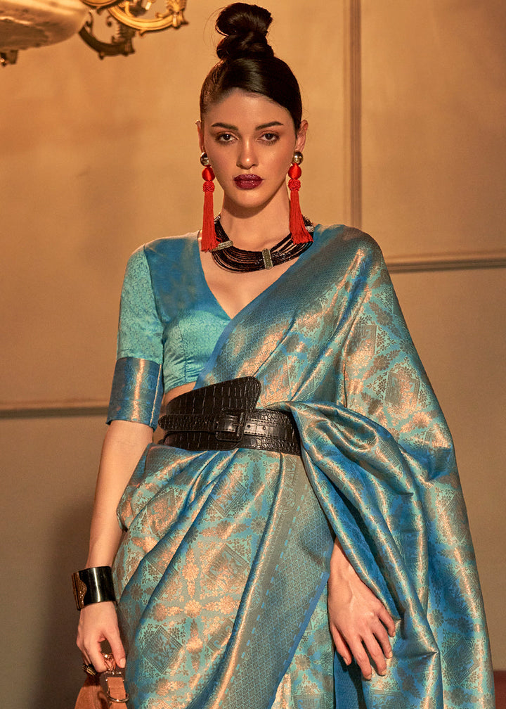 Munsell Blue Two Tone Handloom Weaving Kanjivaram Silk Saree : Top Pick