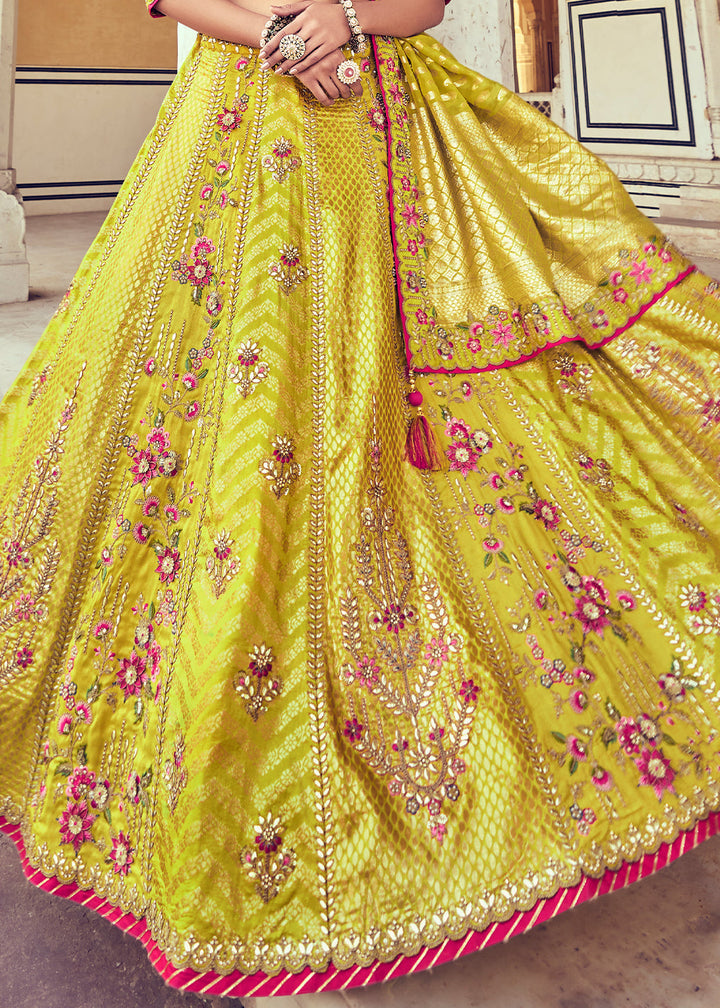 Cadmium Yellow Banarasi Silk Lehenga Choli with Khatli and Heavy Embroidered work